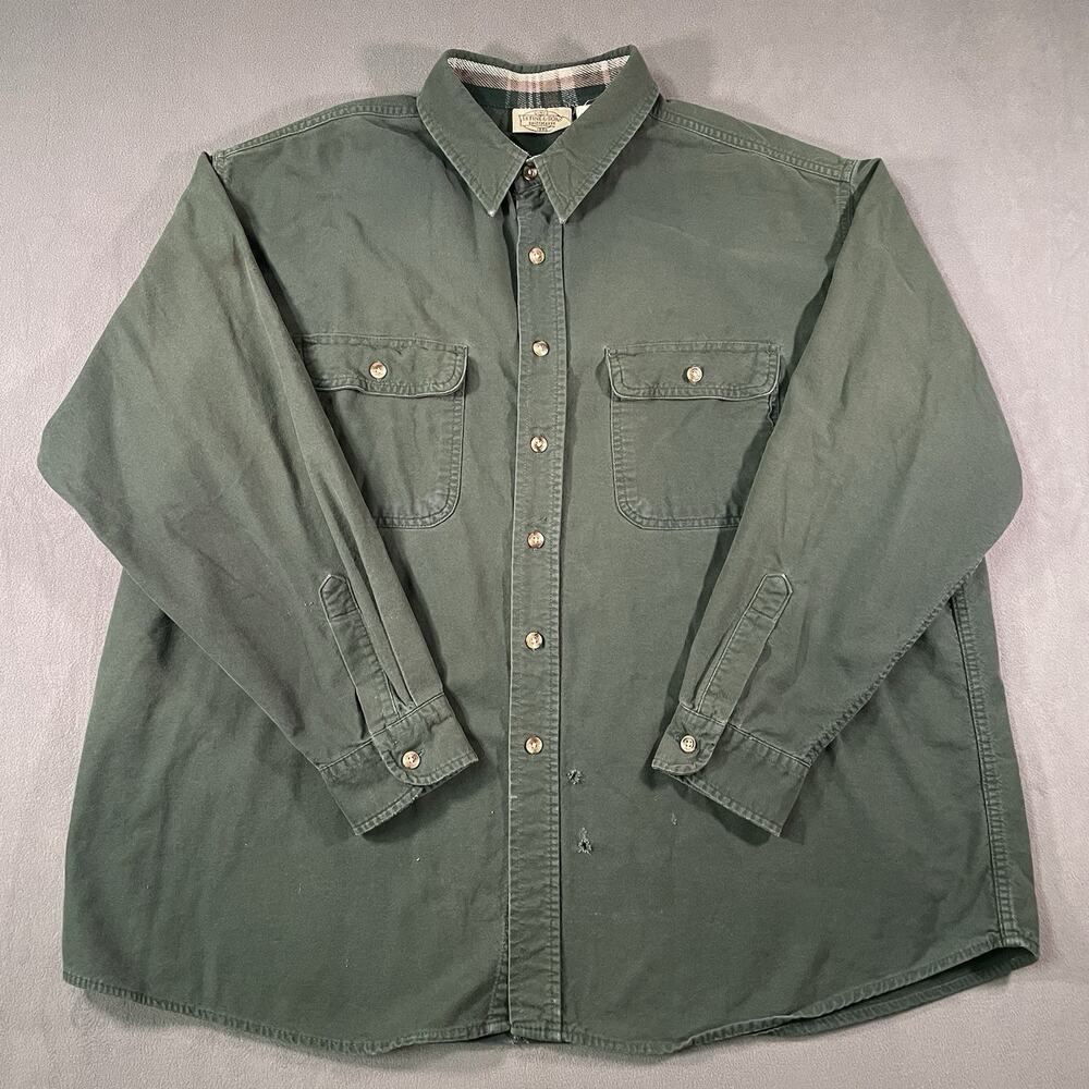 M Fine & Sons Flannel Shirt Men’s 2XL Green Distressed Plaid Button Up Heavy VTG